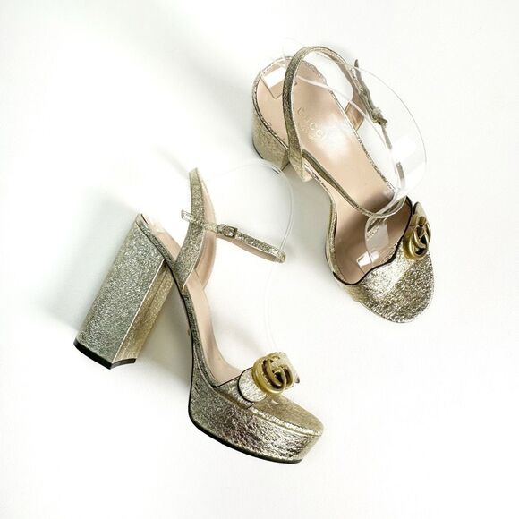 GUCCI Marmont Gold Platform Heel Sandals 39.5 Metallic Leather Block Ankle Strap - Picture 12 of 12